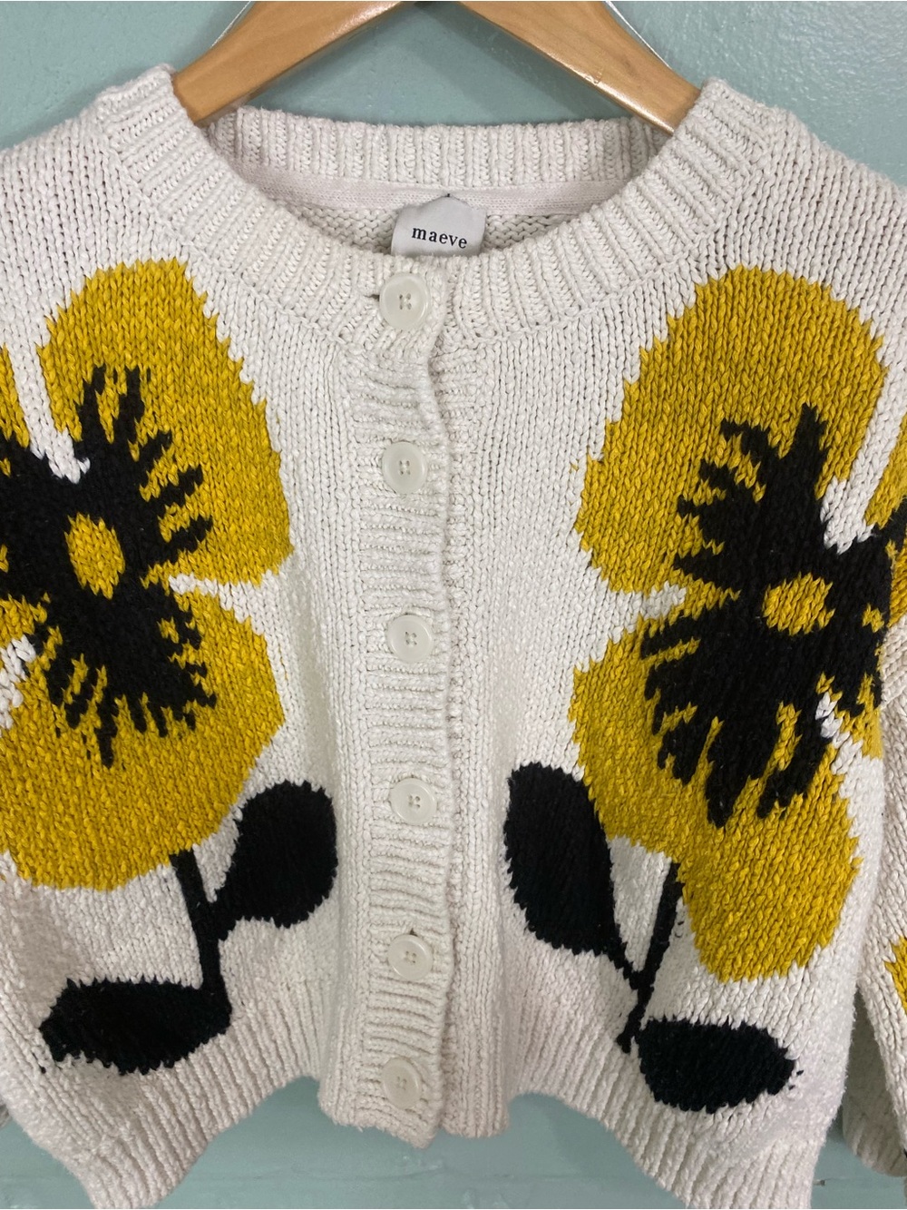 Anthropologie Maeve Elbow Sleeve Cardgan Sweater Floral Ivory Yellow Small - Picture 2 of 6